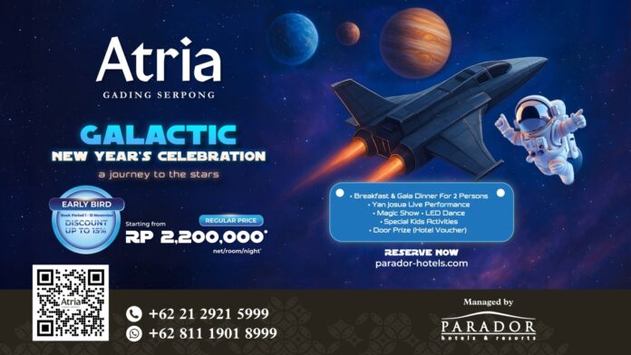 Atria Hotel & Residences Gading Serpong kembali memanjakan tamu dengan perayaan malam tahun baru berkonsep futuristik bertajuk “Galactic Countdown 2026 – A Journey to the Stars”.